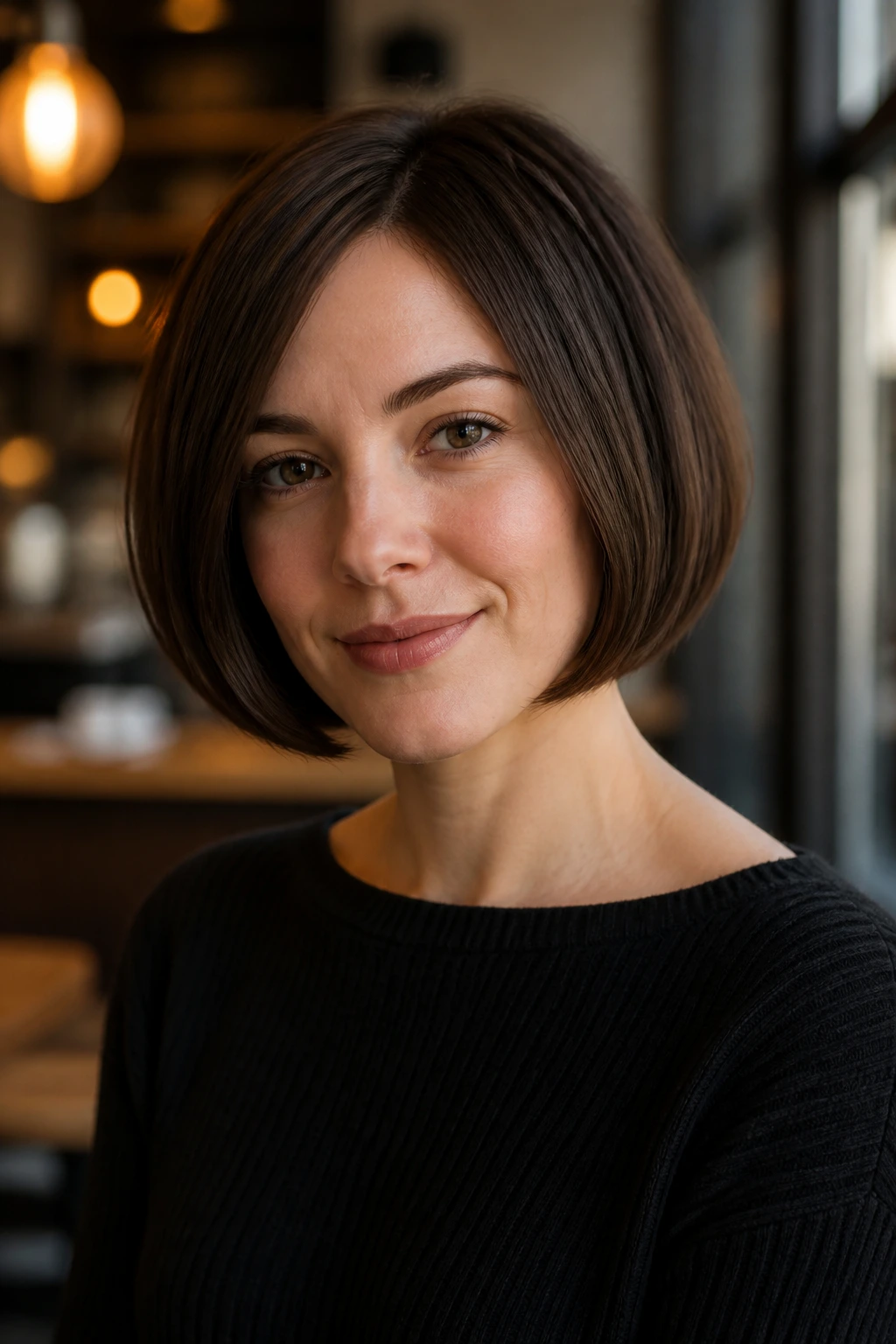 Woman with rounded classic bob in a warm cafe interior.