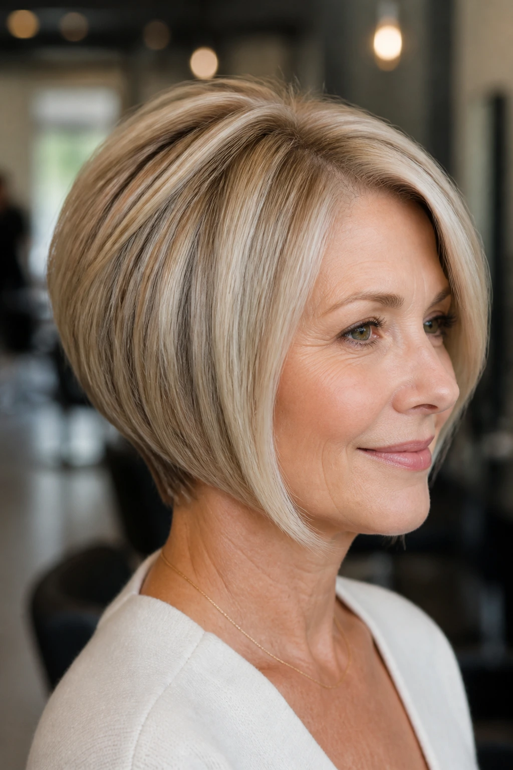 Close-up portrait of a woman with rounded classic stacked bob in a salon