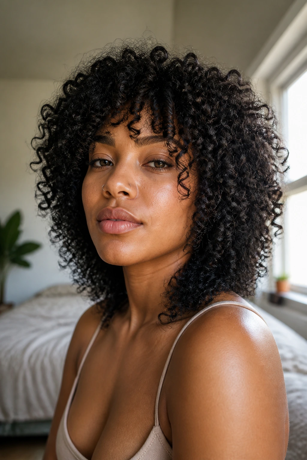 Close-up of a real woman with Rounded Coily Wolf hairstyle