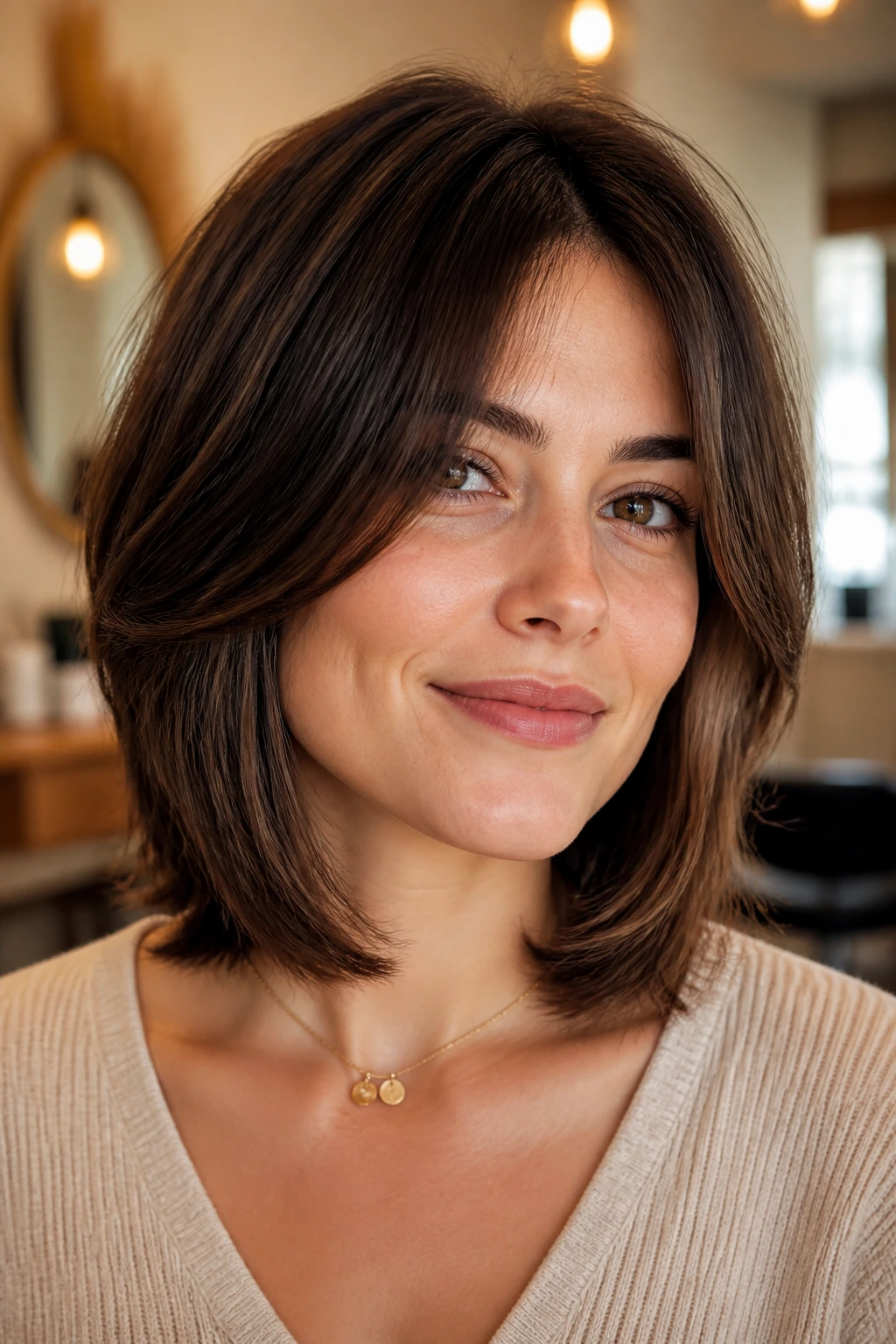 Close-up portrait of a real person with rounded collarbone shag
