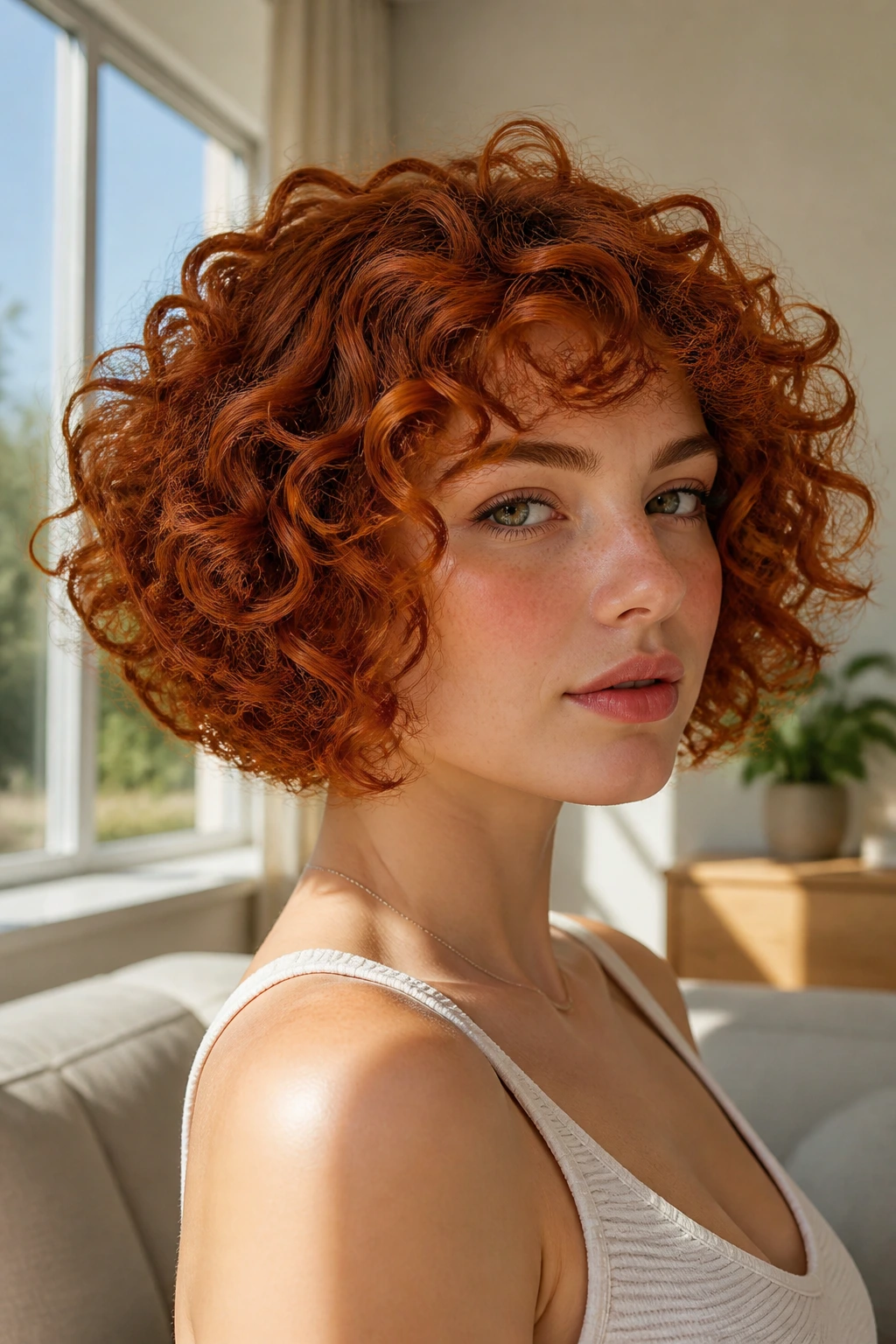 Close-up portrait of a real woman with rounded curly copper bob in a sunlit room.