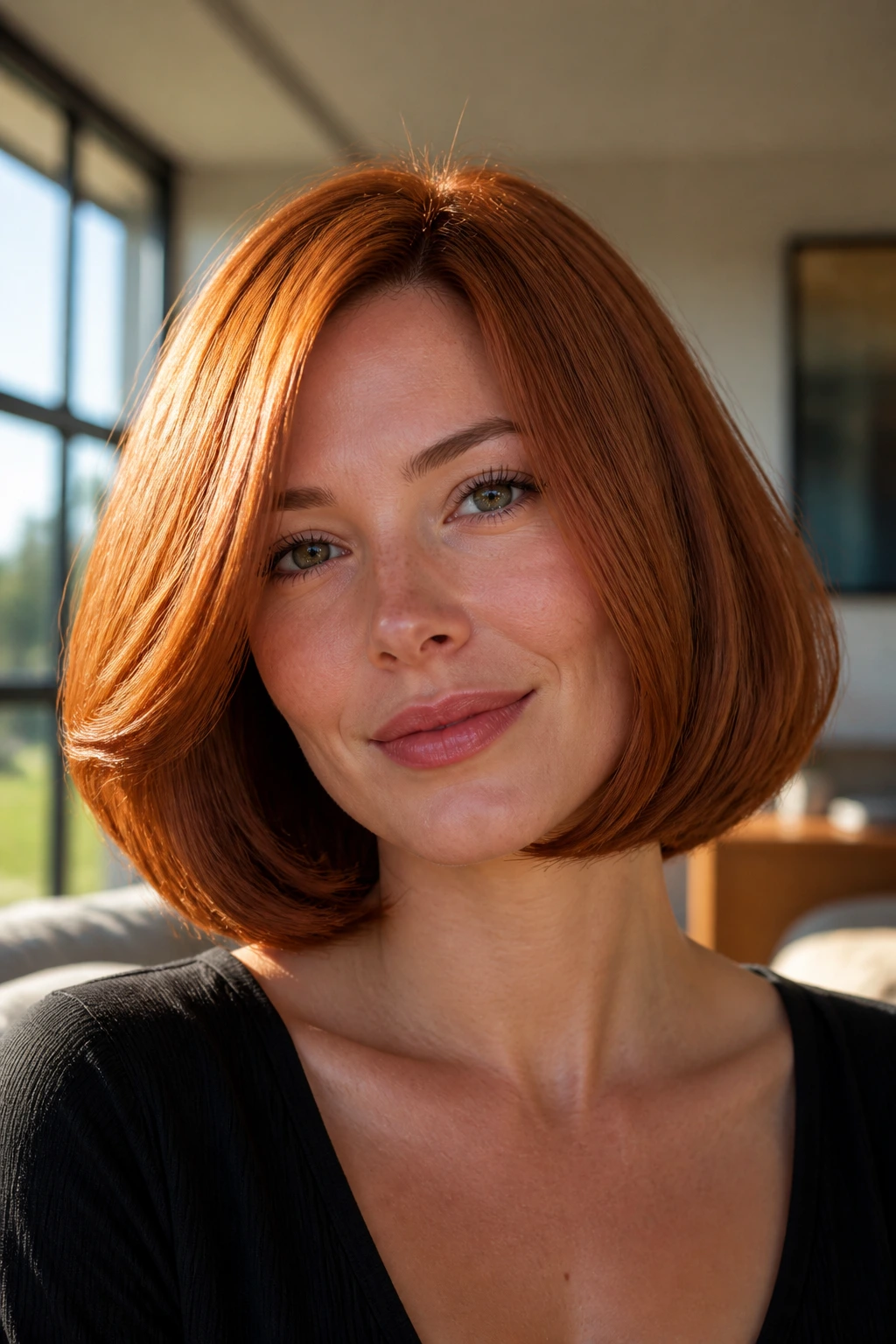 Close-up of a real woman with rounded copper bob on thick hair in bright room light