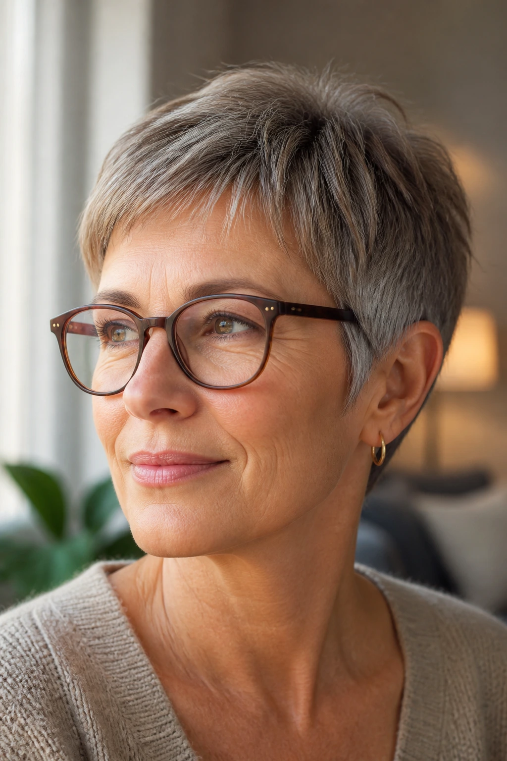 Close-up rounded crop hairstyle on a real woman wearing glasses