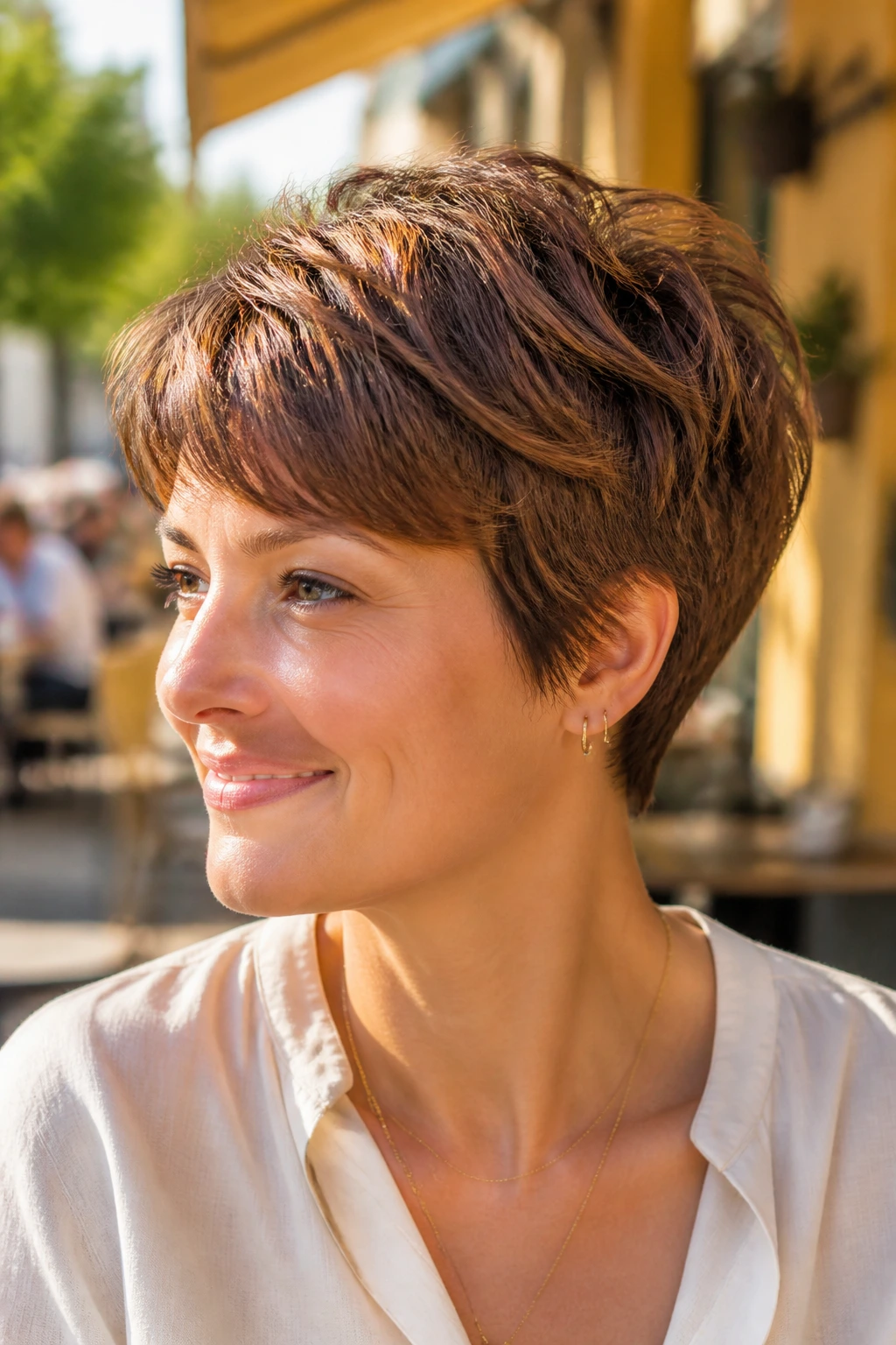 Close-up portrait of a real person with a rounded layered crop hairstyle
