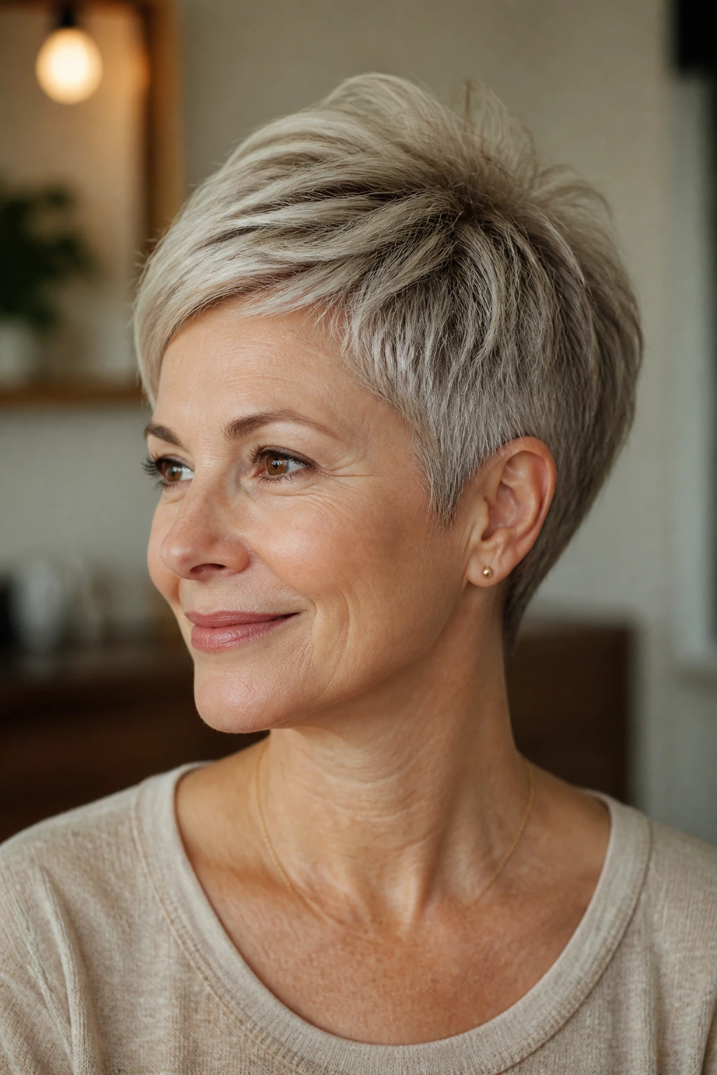 Real person with rounded crop haircut and lifted crown.