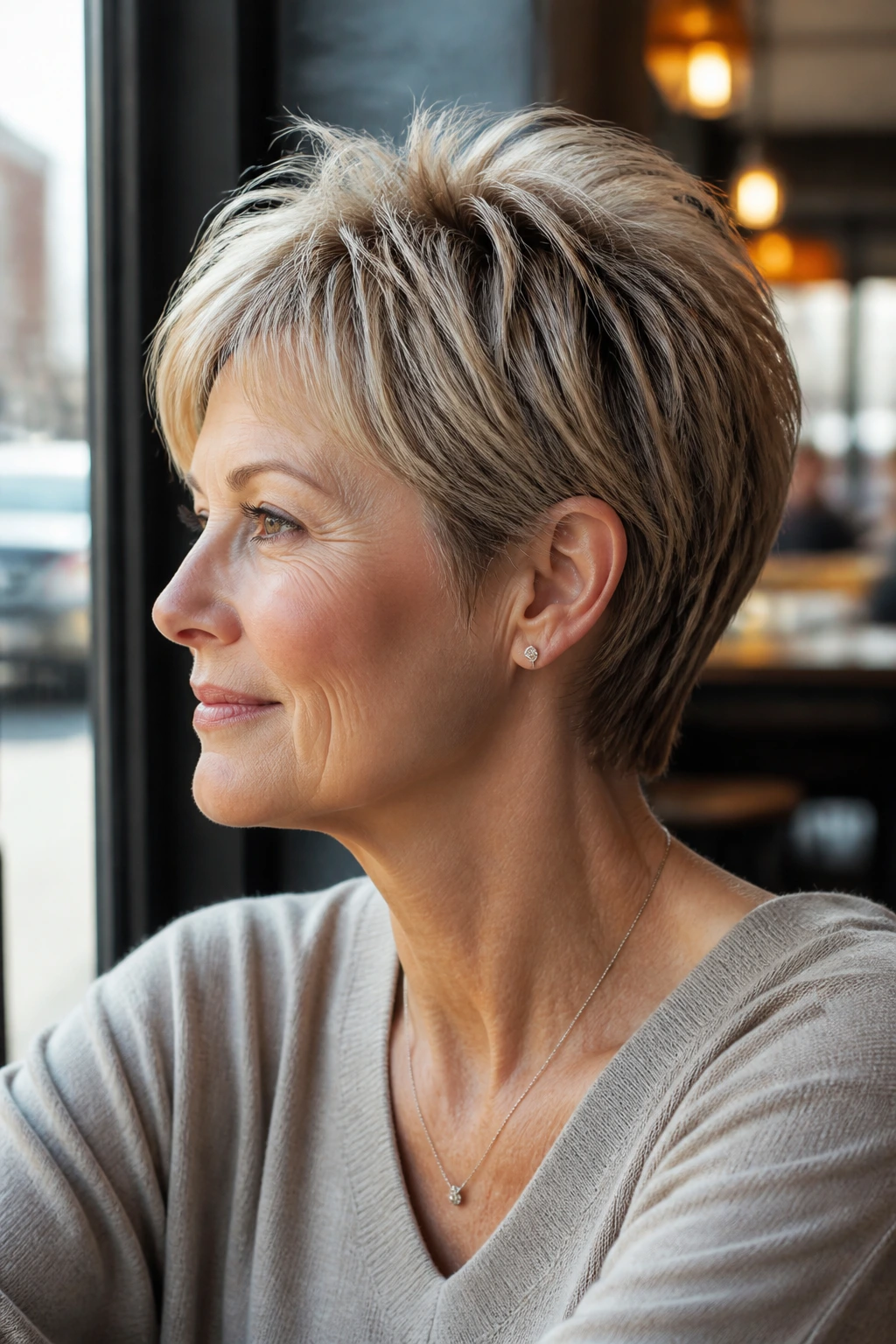 Portrait of a real woman with a rounded crop and lifted crown in a sunlit cafe setting.