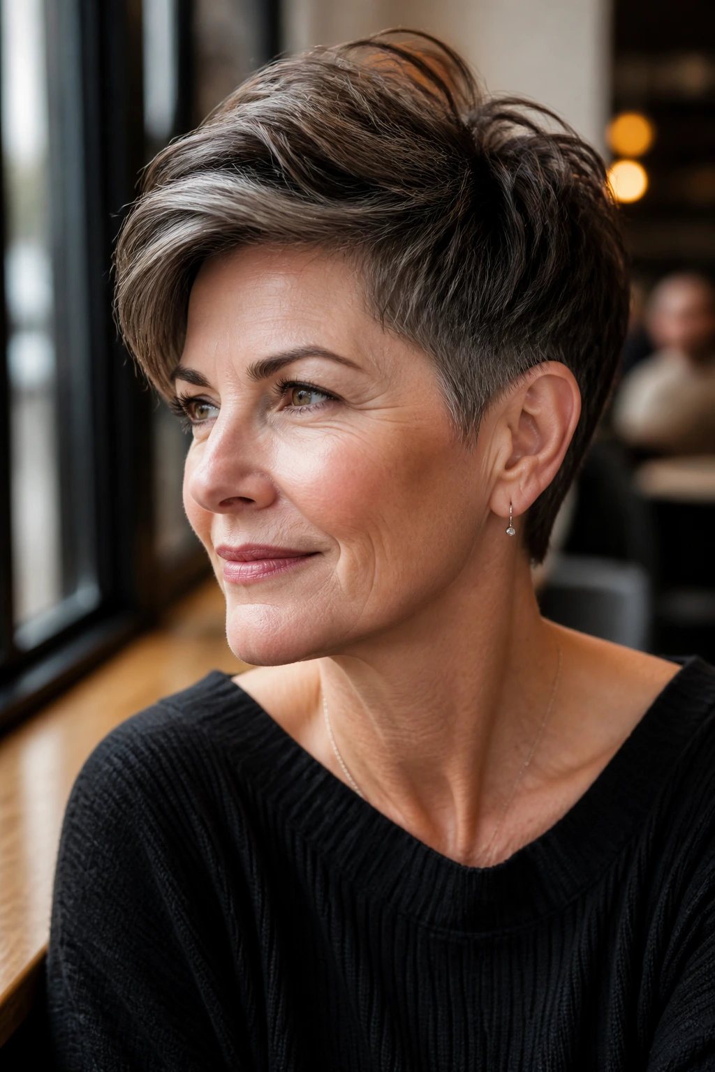 Close-up of a real person with a rounded crop and longer top in soft natural light.
