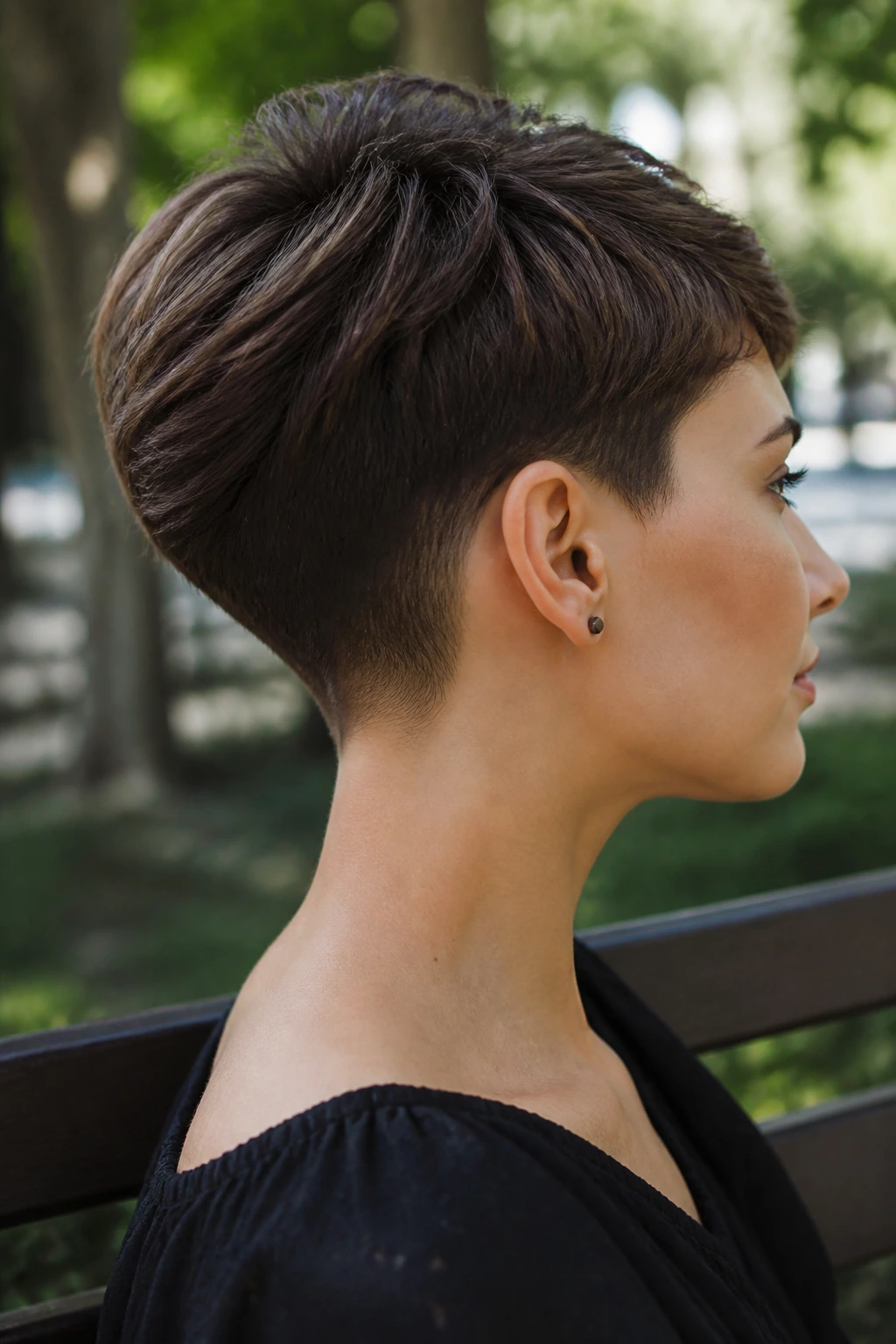 Close-up profile of a woman with rounded crop and nape carve-out