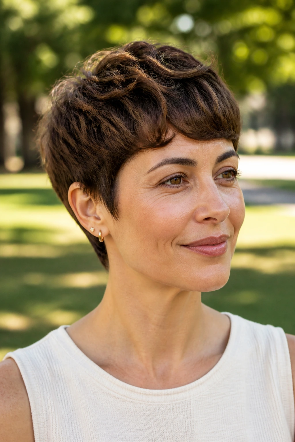 Close-up portrait of real woman with rounded crop hairstyle