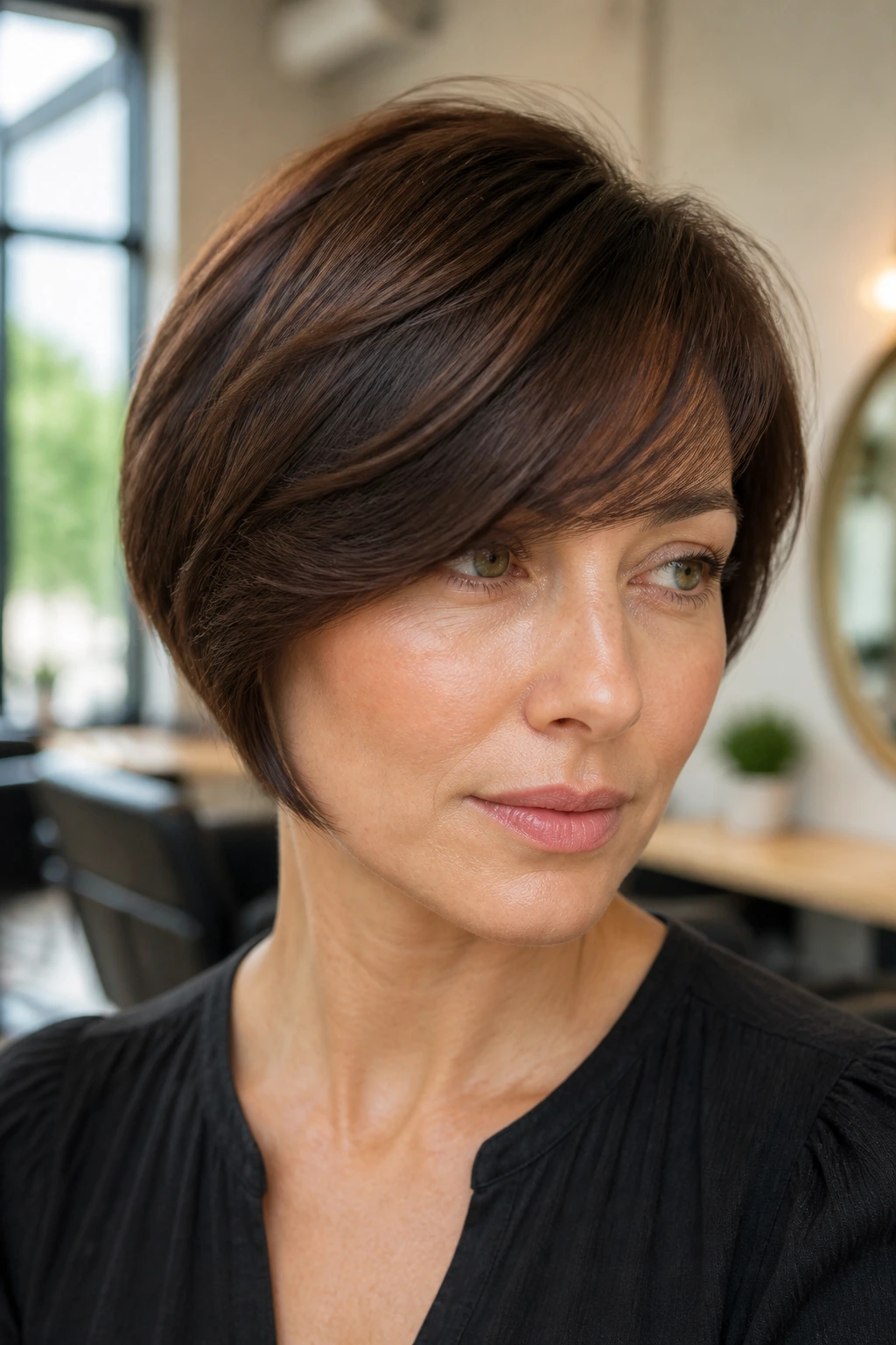 Close-up of a woman with rounded crop and side sweep hairstyle