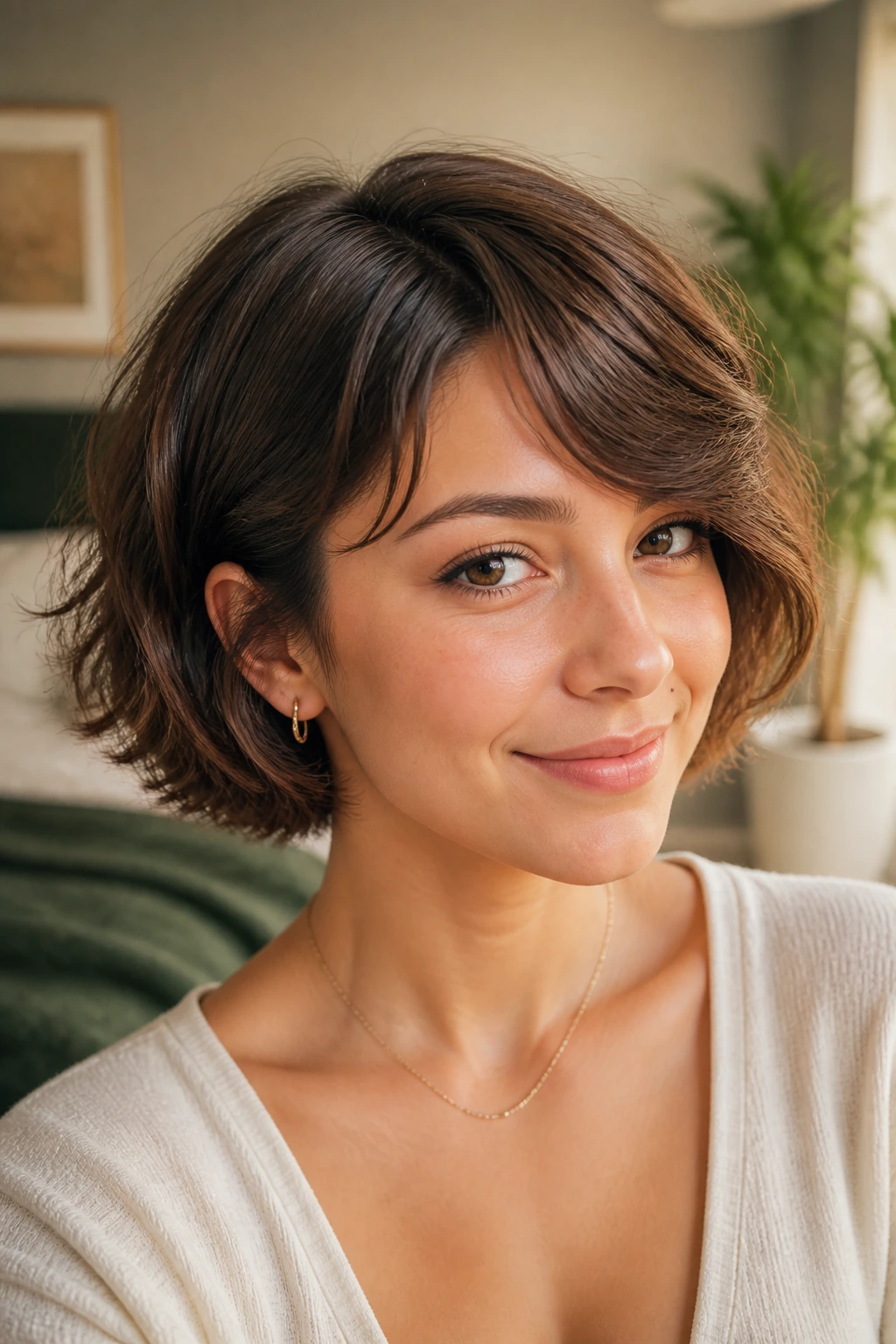 Portrait of real woman with rounded crop and side-sweep fringe in soft daylight