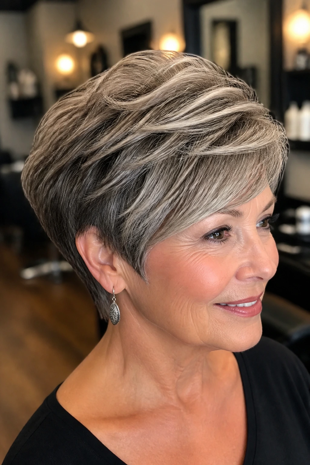 Close-up of a woman with rounded crop and dimensional smoke lights in a salon setting