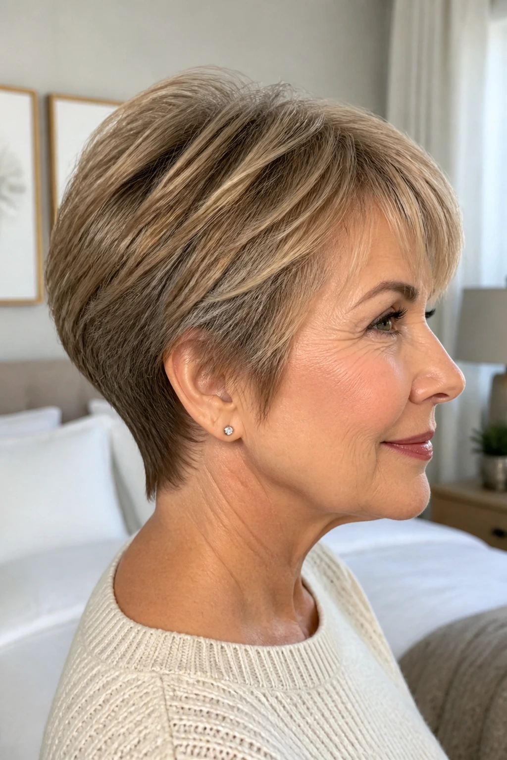 Close-up of a real woman with rounded crop and soft taper hairstyle