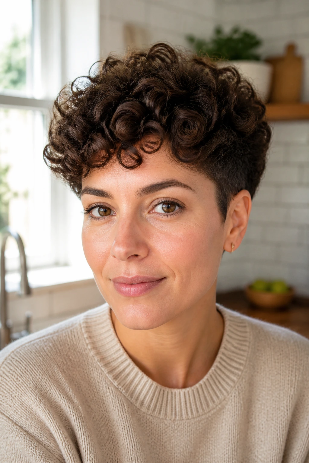 Close-up of real woman with rounded crop and tapered sides in daylight kitchen