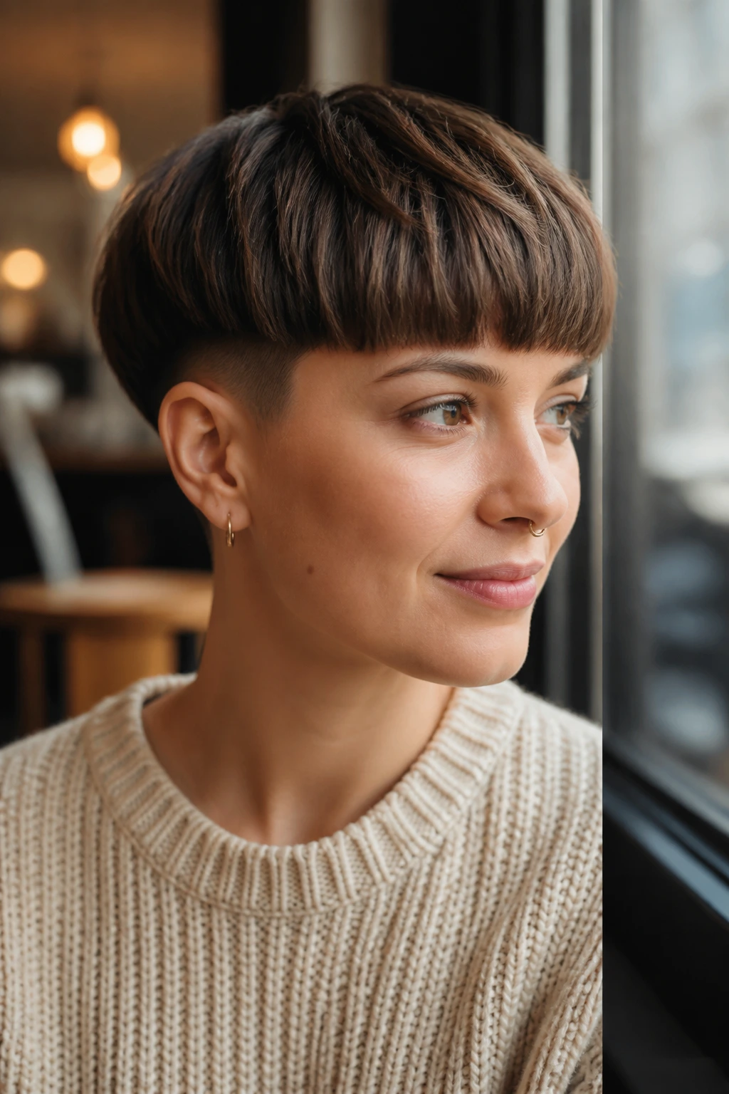 Frontal portrait of a woman with rounded crop and clean undercut