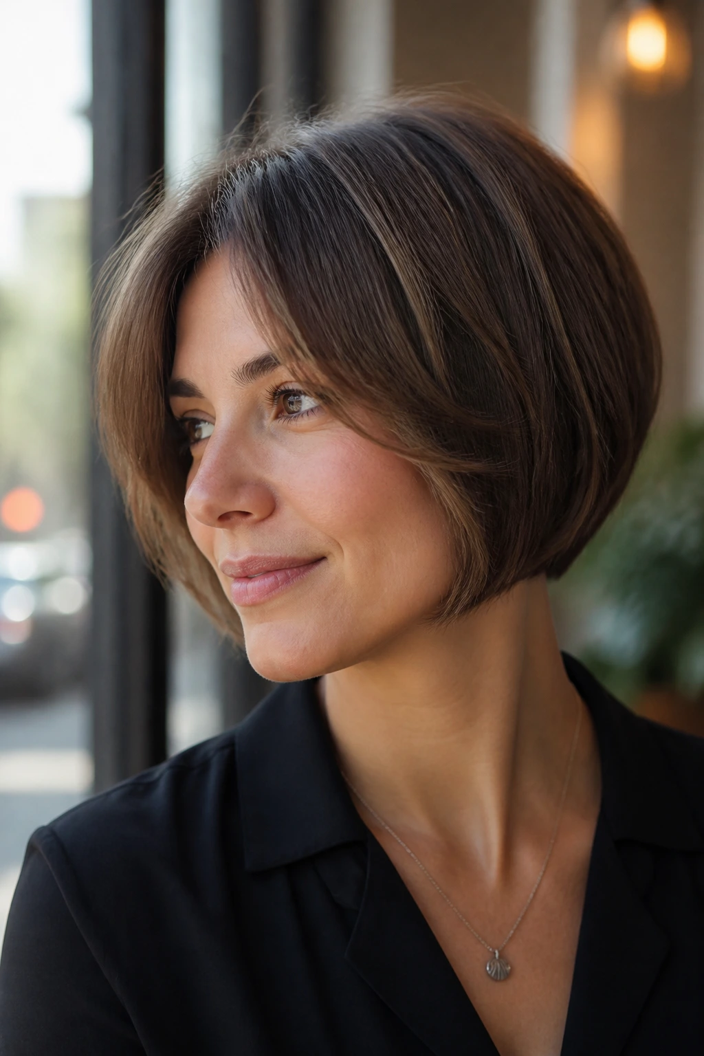 Portrait of a woman with a rounded cropped bob and a soft halo around the head in daylight at a cafe.