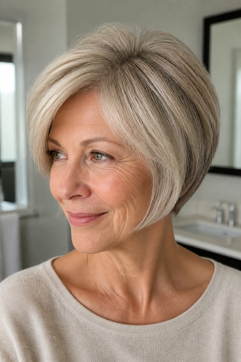 Close-up of real woman with rounded bob and full crown lift