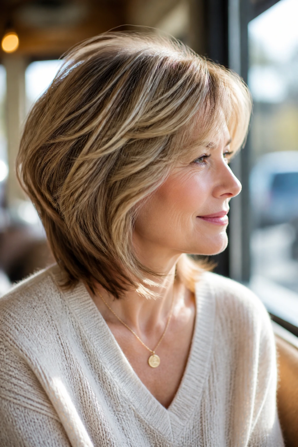 Portrait of a woman with rounded crown layers creating lift, in a sunny cafe setting.