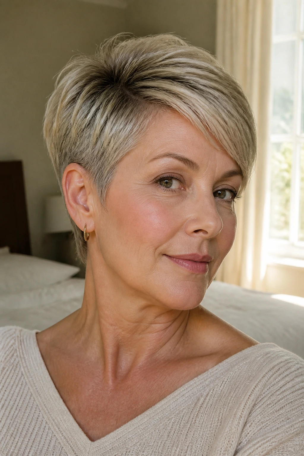 Close-up portrait of a real woman with rounded crown pixie haircut in warm daylight