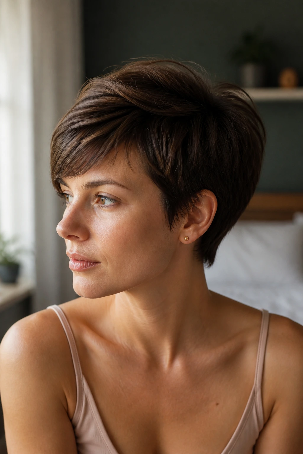 Close-up of a real woman with rounded crown pixie hairstyle