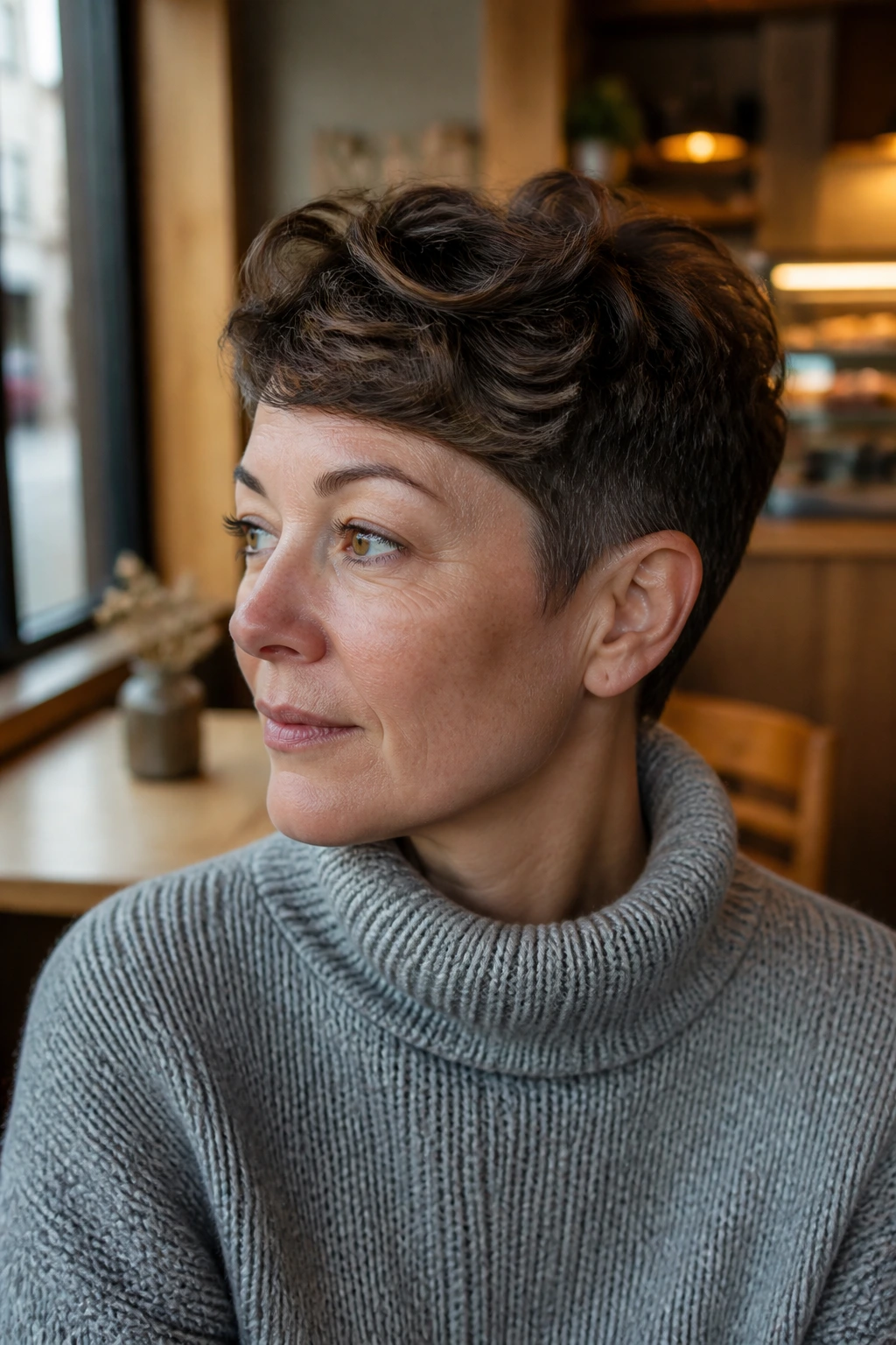 Close-up portrait of a real woman with rounded crown pixie and tapered sides in a cafe setting