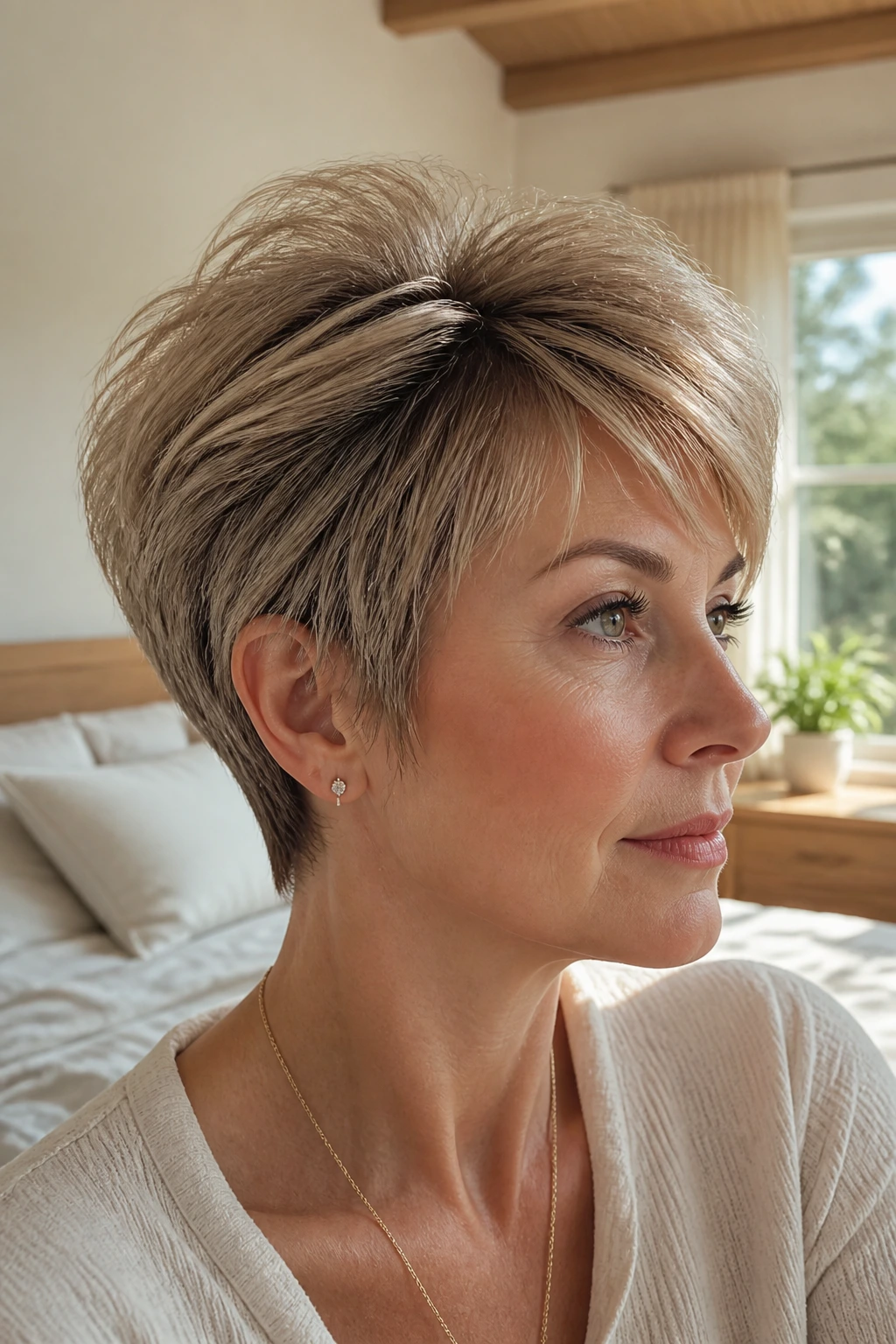 Close-up portrait of a real woman with rounded crown volume pixie under natural light