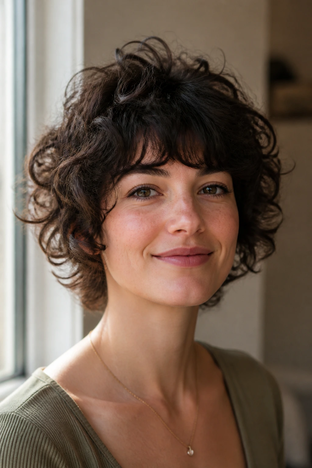 Real person with rounded crown shag showing lifted crown