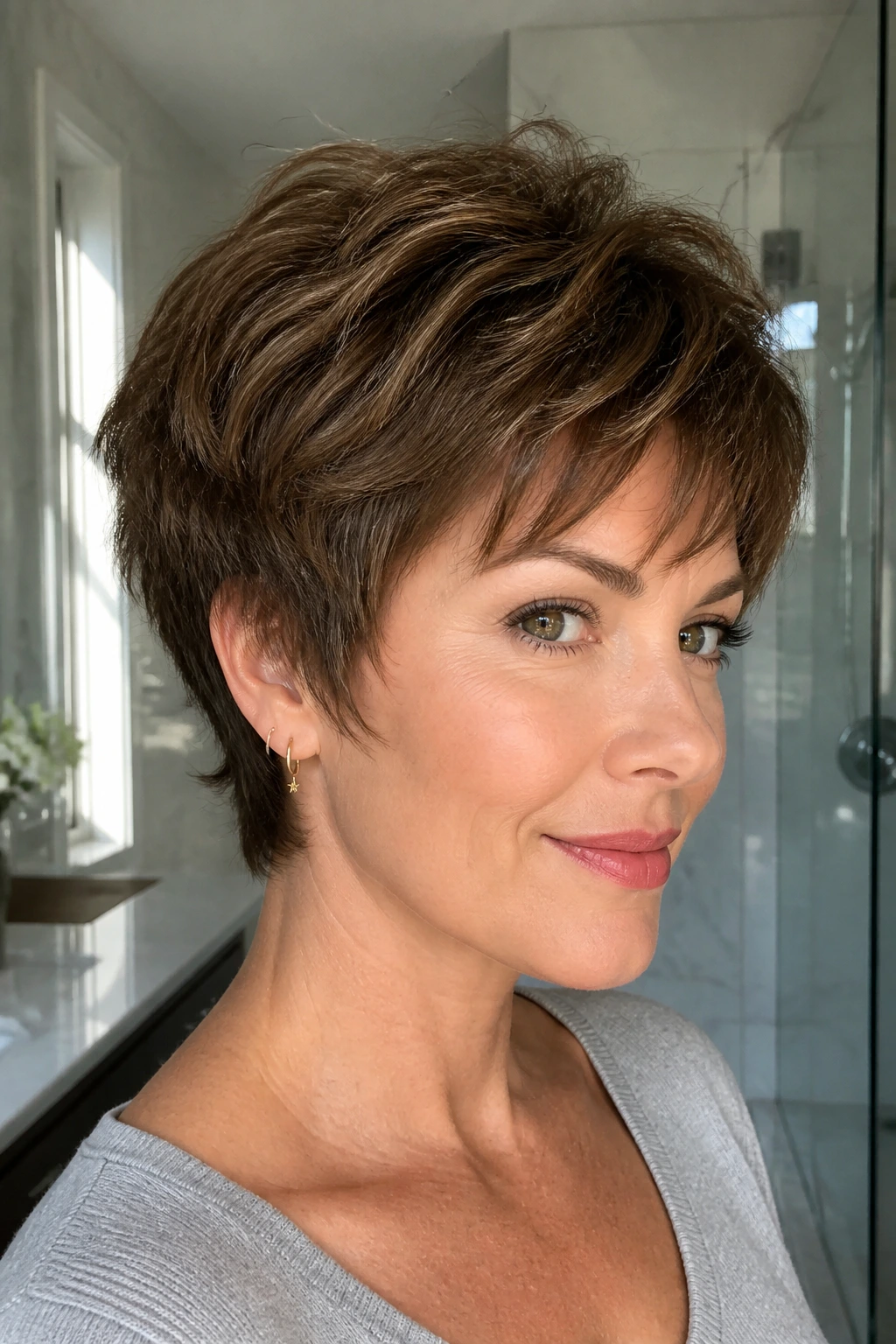 Close-up of a real person with rounded crown wolf pixie in bright light
