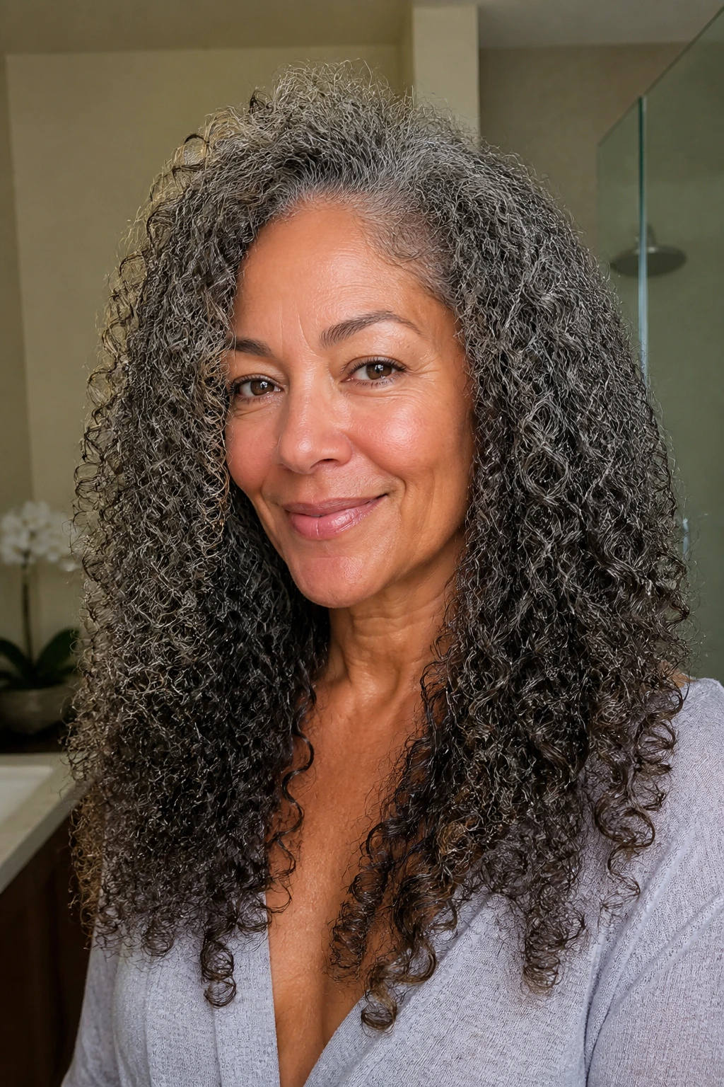 Portrait of a woman with rounded curls and diffused roots in soft light