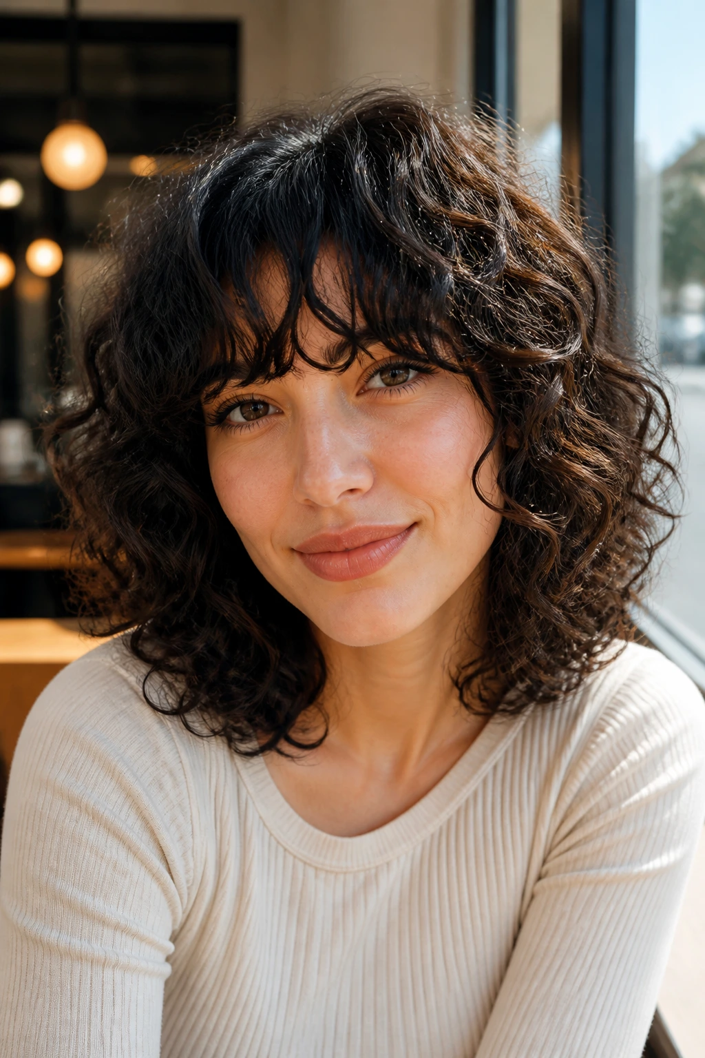 Portrait of a woman with rounded curls and eyelash bangs by a cafe window.