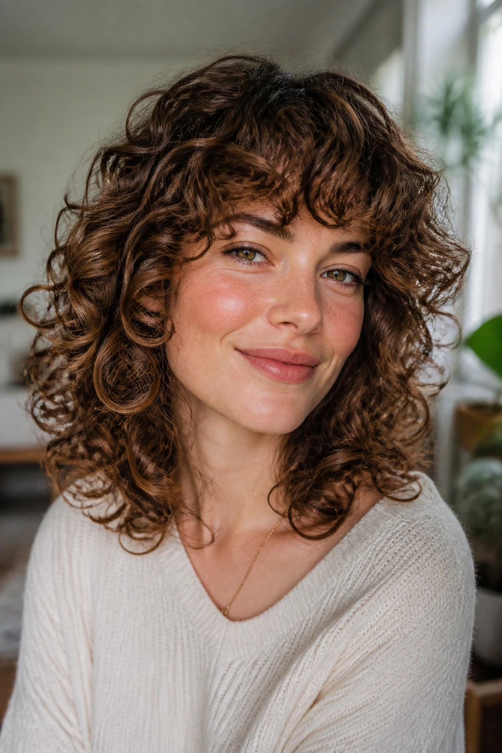 Close-up of a real woman's head with rounded curly layers in soft natural light