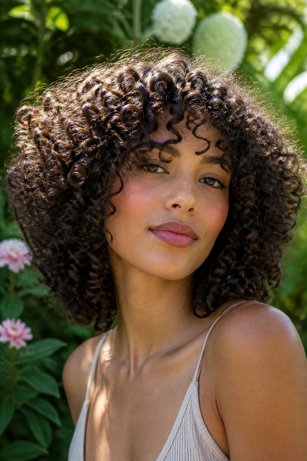 Close-up portrait of a woman with rounded layers on curly hair.