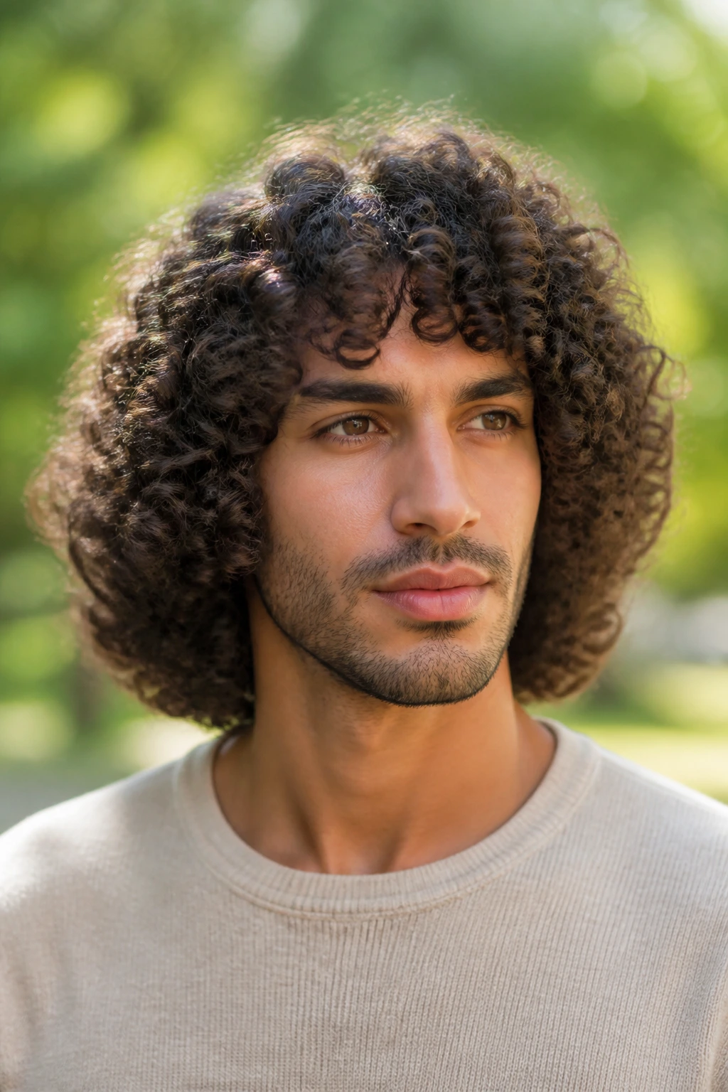 Portrait of a person with rounded long curls in natural outdoor light