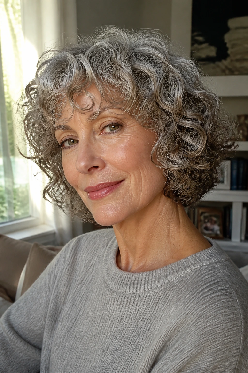 Close-up portrait of a real woman with a softly rounded curly hairstyle showing shape.