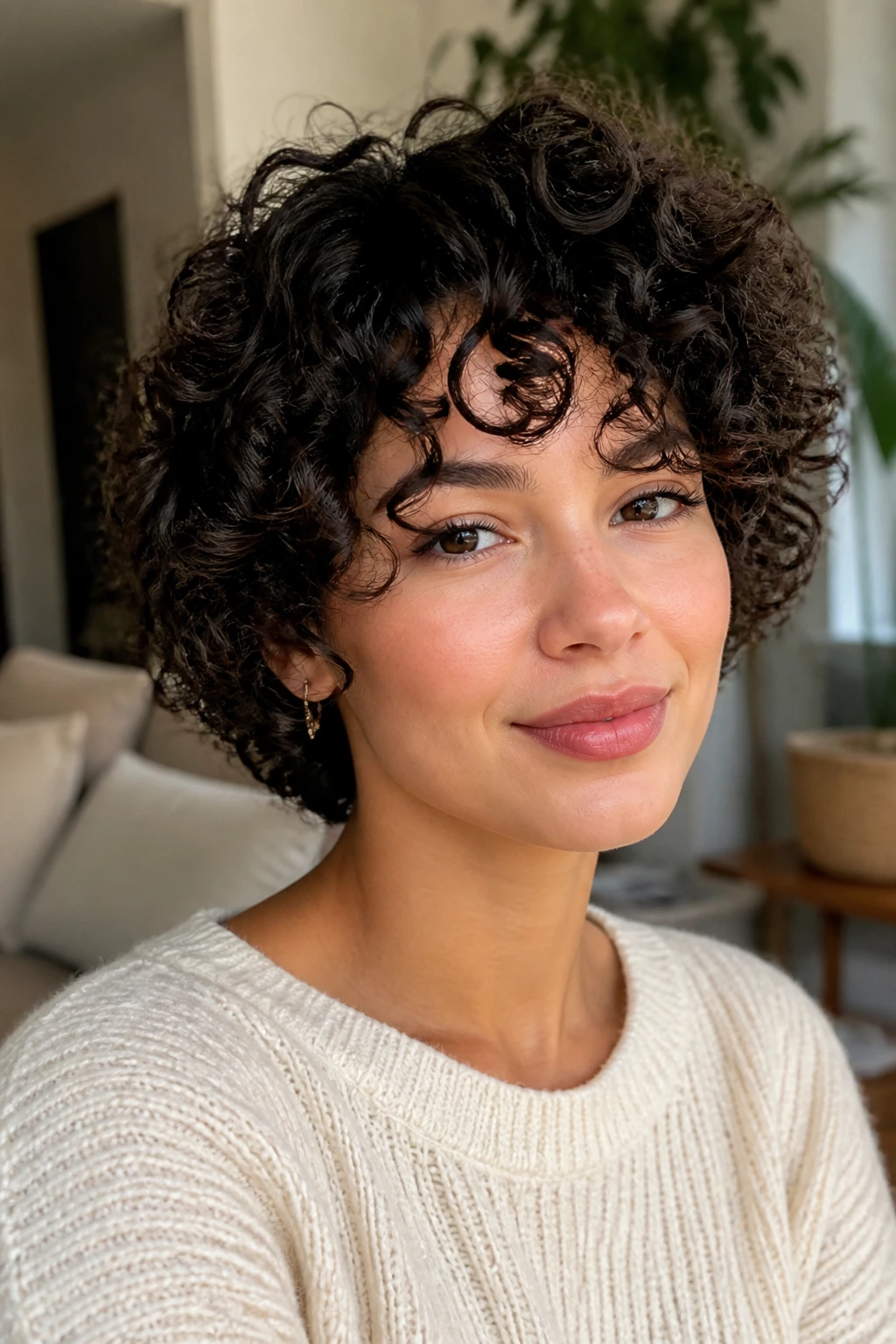 Close-up of a real person with short rounded curly haircut in warm natural light