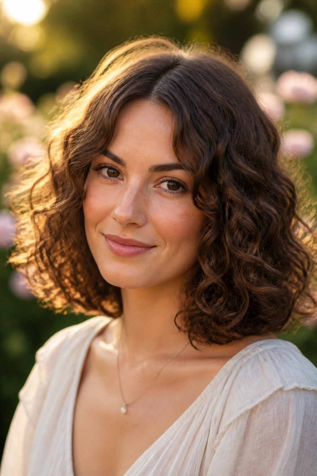 Close-up of a real woman with rounded shoulder-length curls in a garden setting
