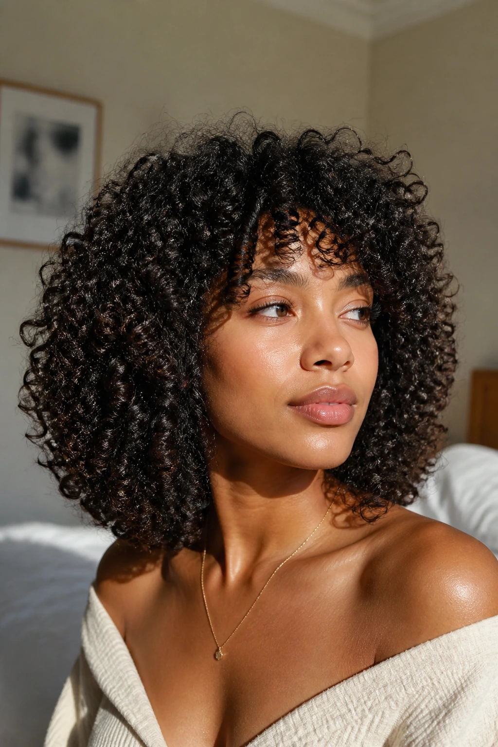 Close-up portrait of a real person with rounded coily layers and a soft outline in warm window light