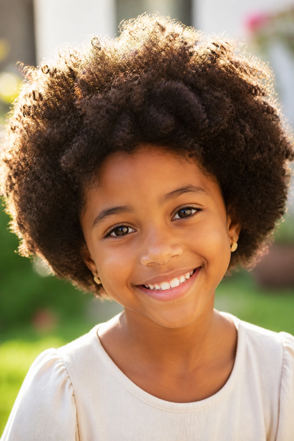 Close-up of a real girl with a rounded curly Afro hairstyle