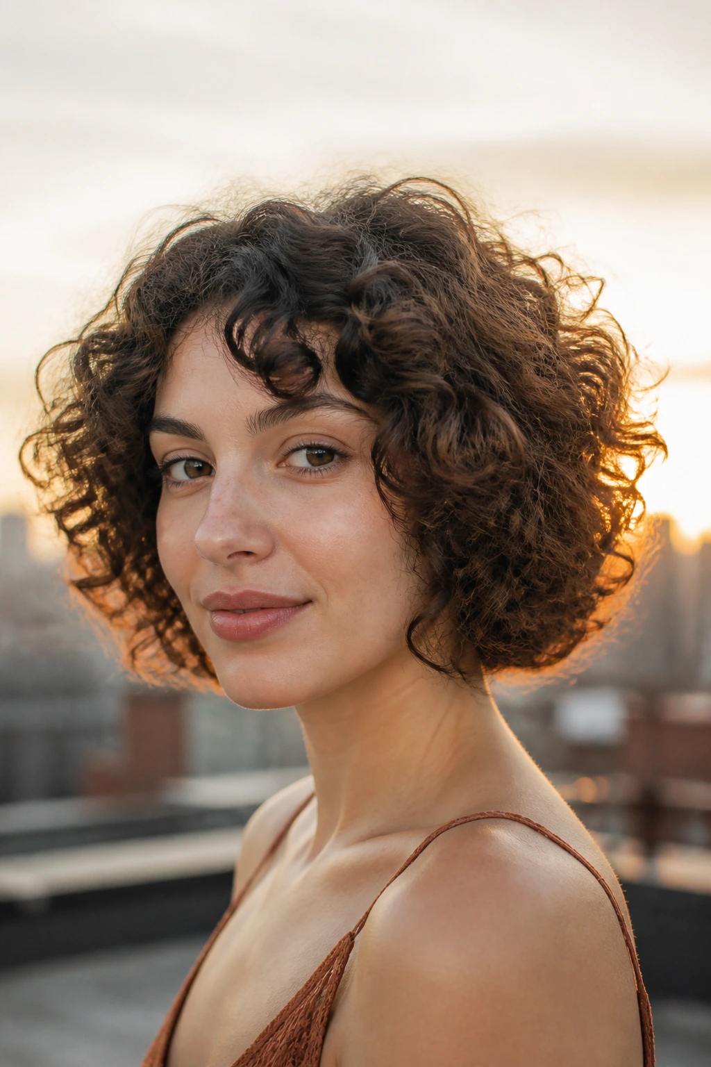 Close-up of a real woman with a rounded curly bob silhouette at sunset