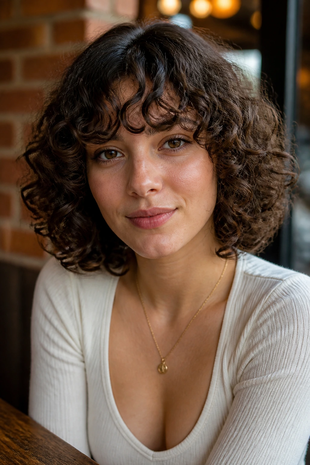 Close-up of rounded curly bob with bottleneck bangs framing the face.
