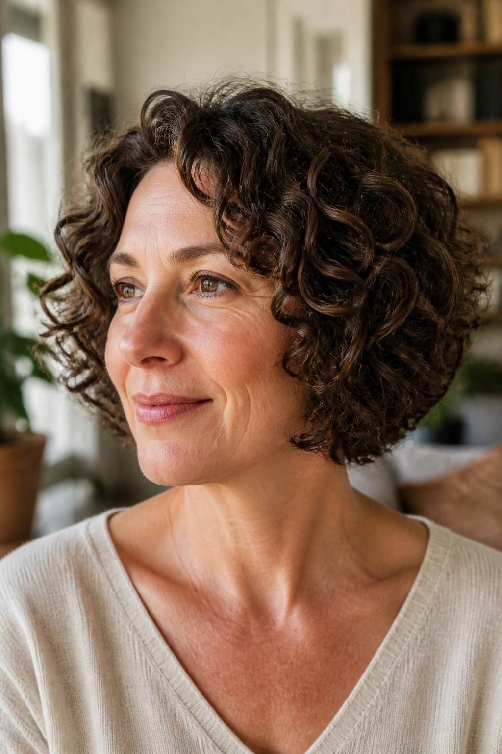Close-up portrait of a real woman with a jaw-length rounded curly bob