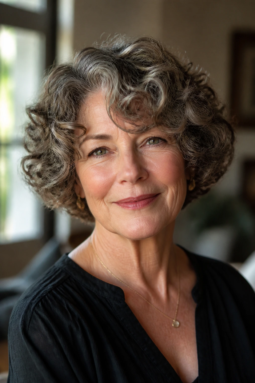 Close-up of a real woman with rounded curly bob hairstyle