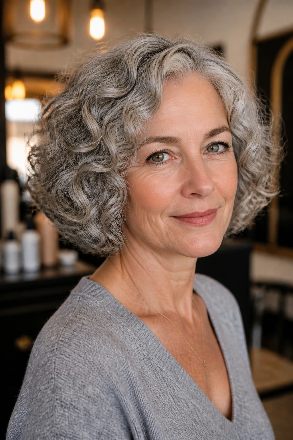 Close-up of a real woman with a rounded curly bob in gray hair.