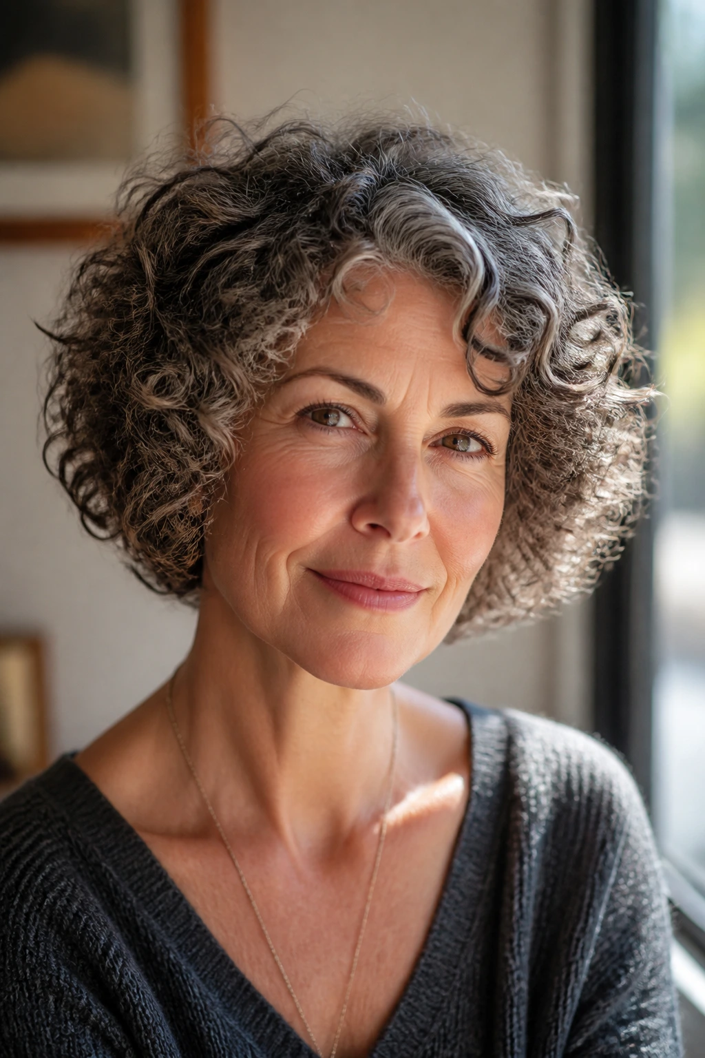 Close-up portrait of a woman with a rounded curly bob hairstyle
