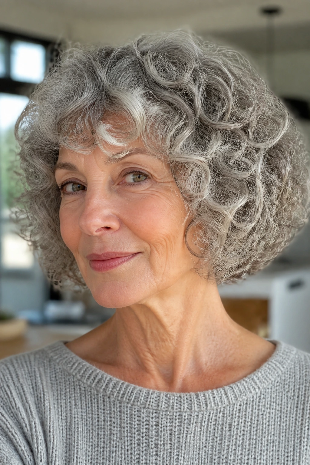 Close-up portrait of a real woman with rounded curly bob in bright room light