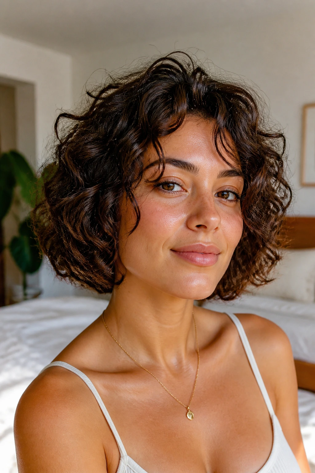 Real woman with rounded curly bob featuring internal layers and crown lift