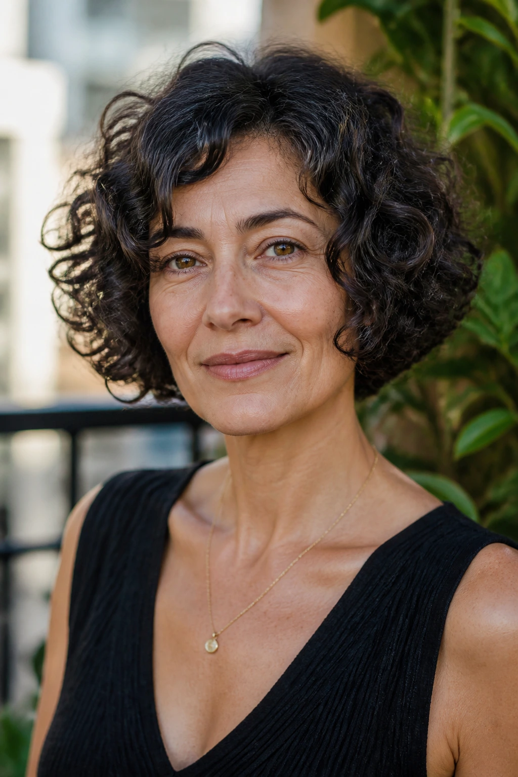 Close-up portrait of a woman with rounded curly bob hugging the jawline.