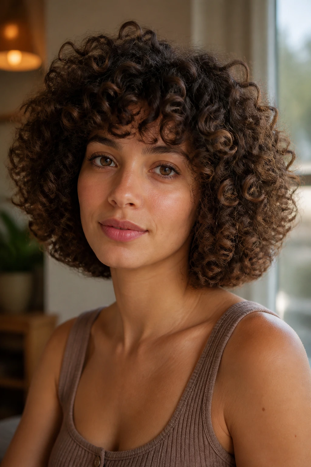 Portrait of rounded curly bob forming a halo around head.