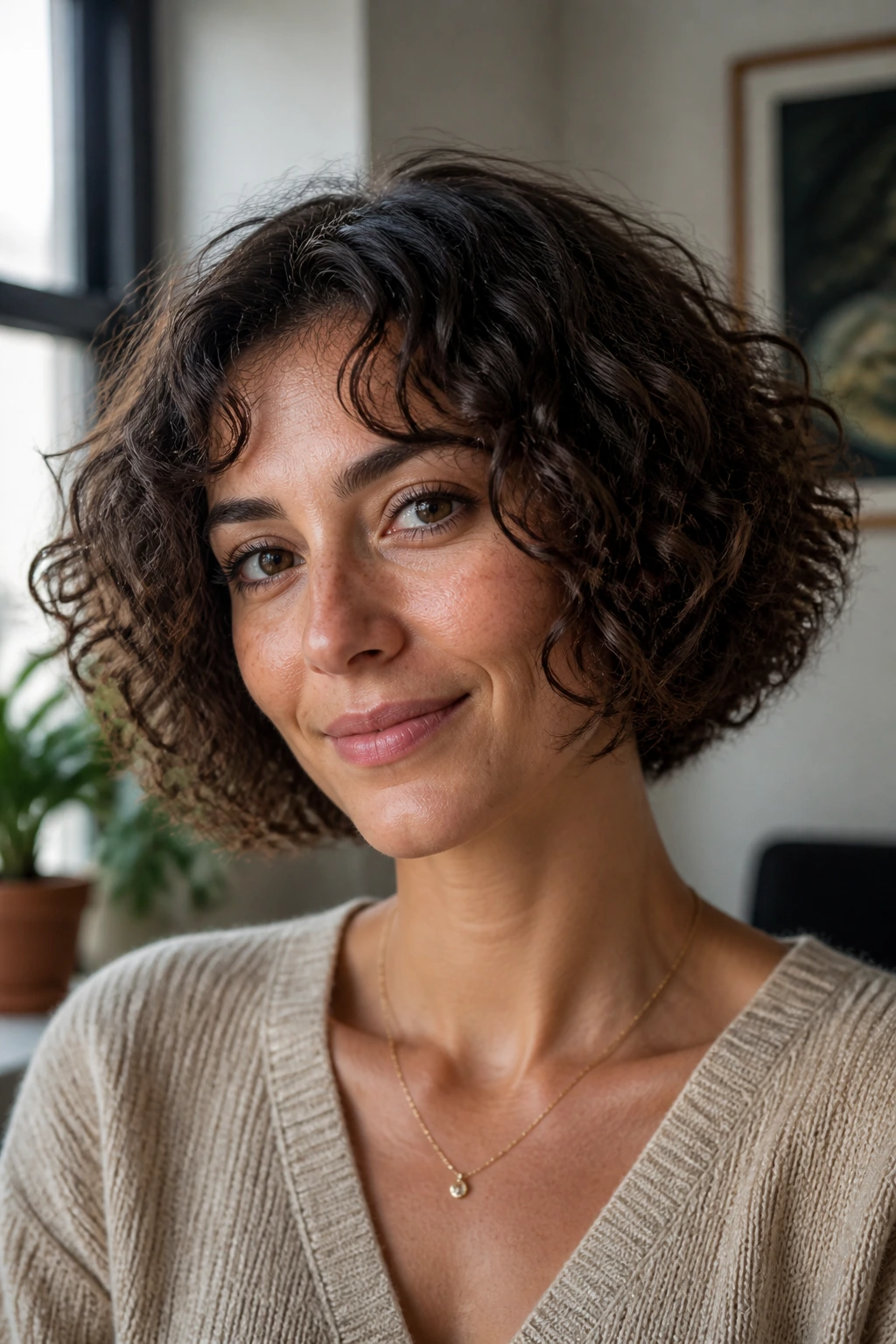 Close-up portrait of a real woman with a rounded curly bob forming a soft dome around the head