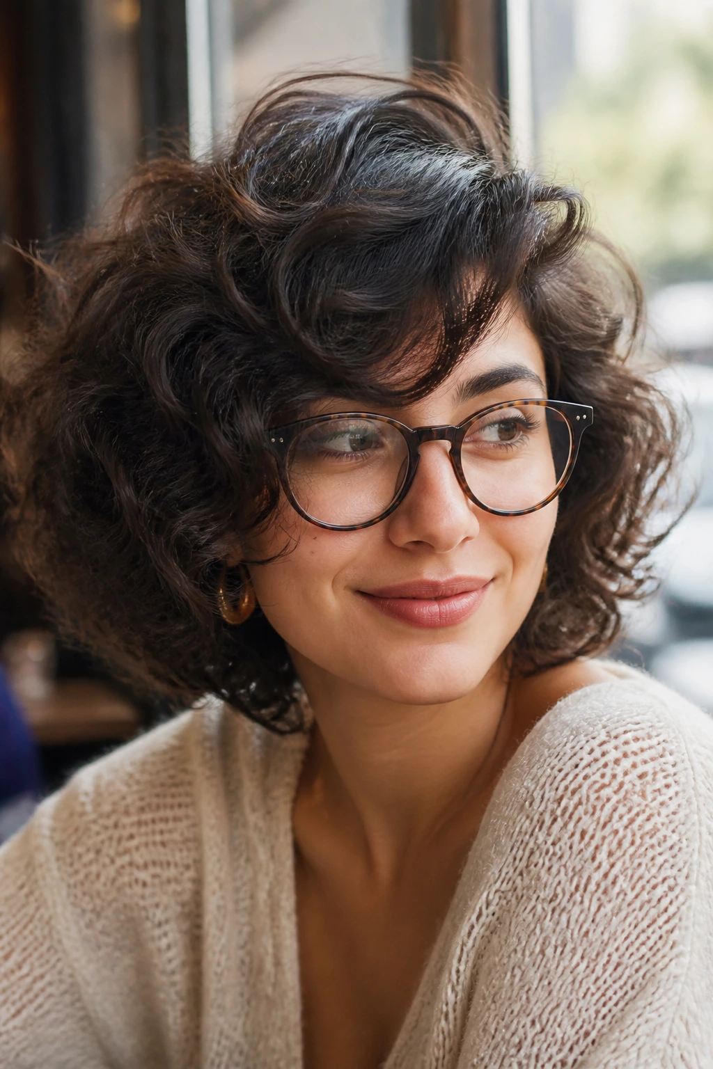 Portrait of a person with rounded curly bob shag and side-swept fringe in a cafe setting
